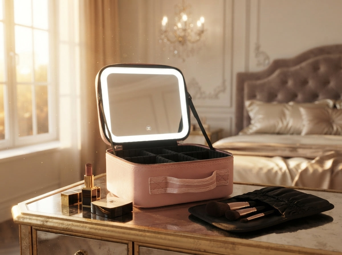 Organizador de maquillaje portátil con espejo LED