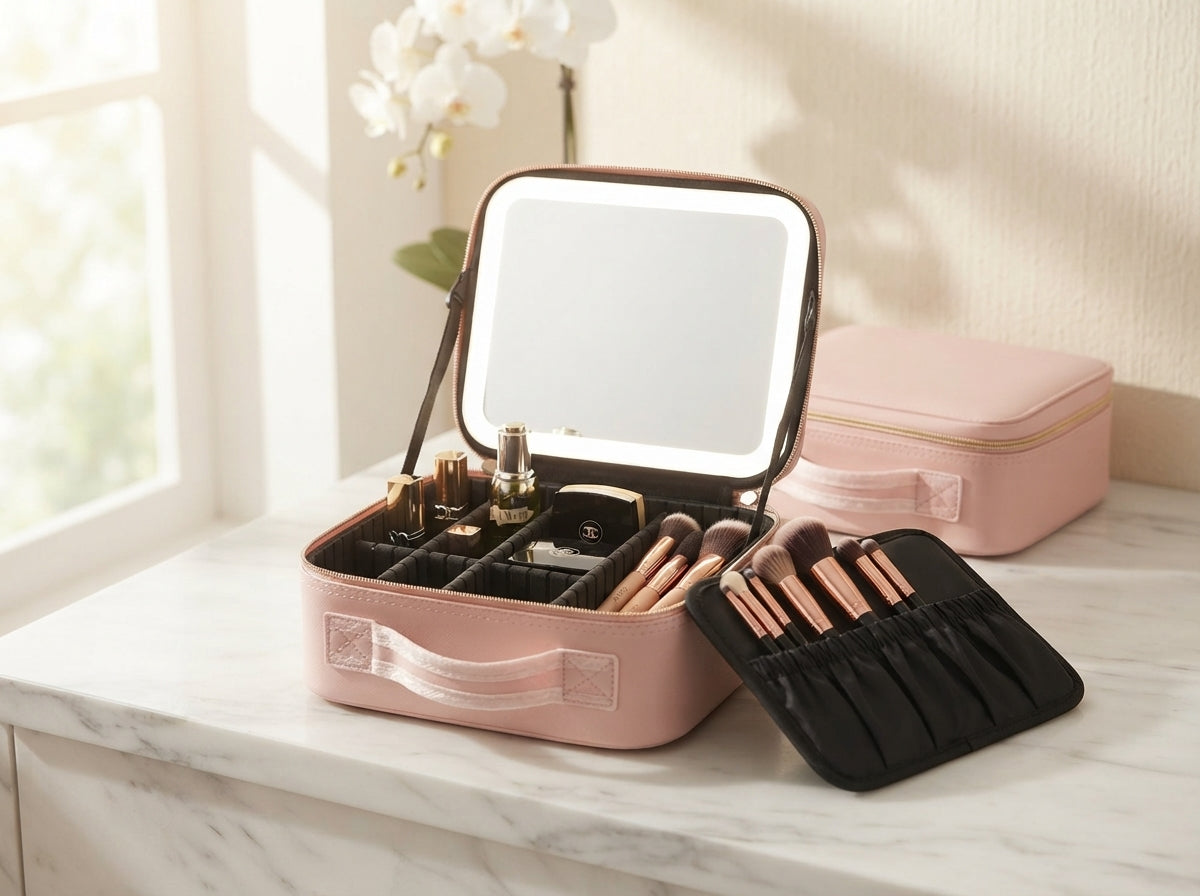 Organizador de maquillaje portátil con espejo LED
