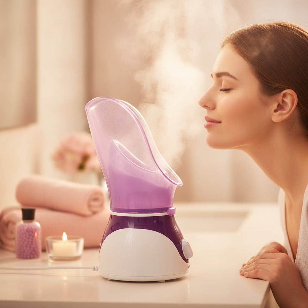 Sauna Facial VaporGlow - modelo disfrutando del vapor